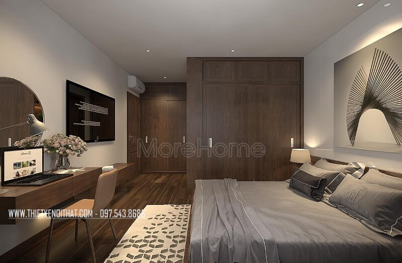 Thiết kế nội thất phòng ngủ căn hộ chung cư cao cấp được kiến trúc sư Morehome thiết kế hiện đại, chất mà đẳng cấp Mẫu nội thất chung cư đẹp
