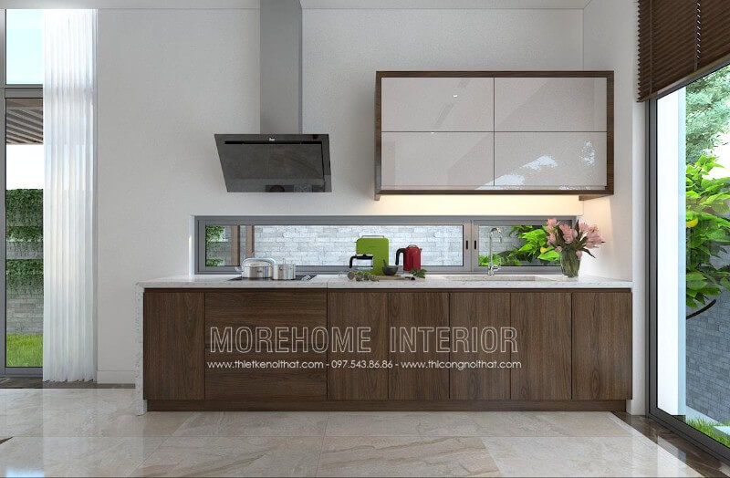 Tủ bếp hiện đại với sự kết hợp hài hòa giữa 2 tone màu trắng và nâu óc chó chủ đạo mang lại không gian nội trợ sang trọng và cuốn hút Thiết kế và sản xuất tủ bếp đẹp