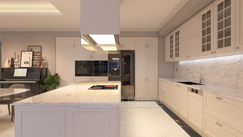 Thiết kế nội thất tủ bếp sang trọng và tinh tế với màu trắng tinh khôi, thanh thoát Thiết kế và sản xuất tủ bếp đẹp