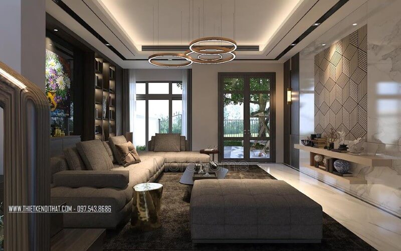 Ấn tượng vẻ đẹp thoải mái, ấm cúng của bộ sofa góc bọc vải tone xám trầm lắng giữa phòng khách chung cư, nhà phố sofa phòng khách