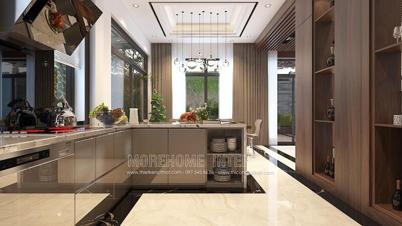 Mẫu tủ bếp gỗ công nghiệp phủ bóng gương đầy mới lạ, tone màu xám nhẹ ấn tượng mang lại sự sang trọng cho căn phòng Tủ bếp gỗ công nghiệp và tủ bếp acrylic