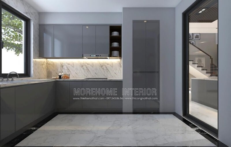 Tủ bếp đẹp, sang trọng ấn tượng với chất liệu gỗ acrylic màu xám độc đáo. Tủ bếp gỗ công nghiệp và tủ bếp acrylic