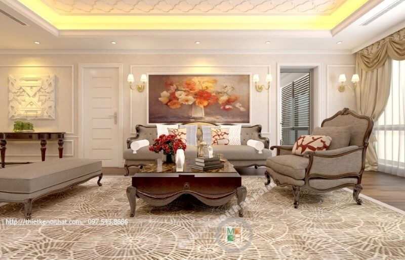 Sofa văng sự phá cách trong thiết kế với chiếc ghế dài lưng tựa kê sát tường với 1 chiếc ghế bành nhỏ hơn có lưng tựa, tay vịn cùng 1 chiếc ghế đơn không lưng tựa, không tay vịn.
