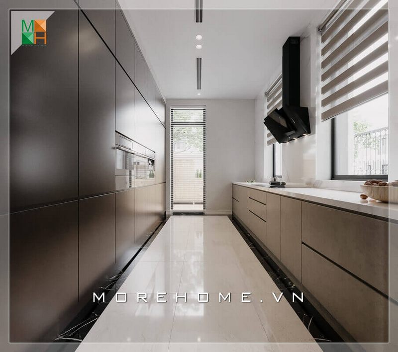 Mẫu thiết kế tủ bếp bằng gỗ công nghiệp chống ẩm ốp mặt đá nhân tạo trắng vân mây cao cấp