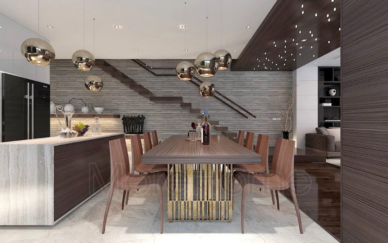 Mẫu đèn thả trần được dùng để trang trí phòng ăn, tạo nên một không gian lạ mắt và độc đáo.