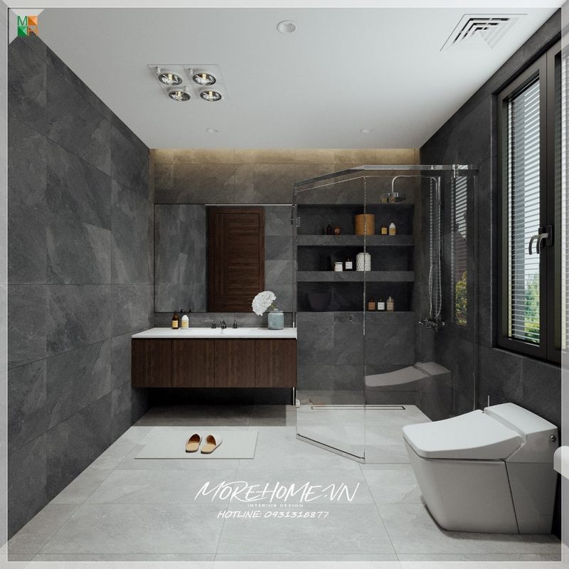 Vách tắm kính 135 độ được đặt giữa phòng tắm để ngăn chặn nước từ văng lên, giúp tránh những tình trạng ướt át ảnh hưởng đến các khu vực khác trong phòng.